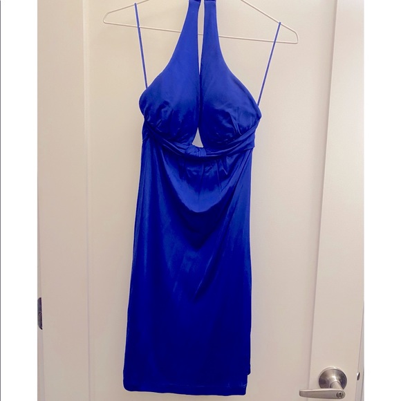 Blue satin stretch Halty dress - Picture 1 of 5